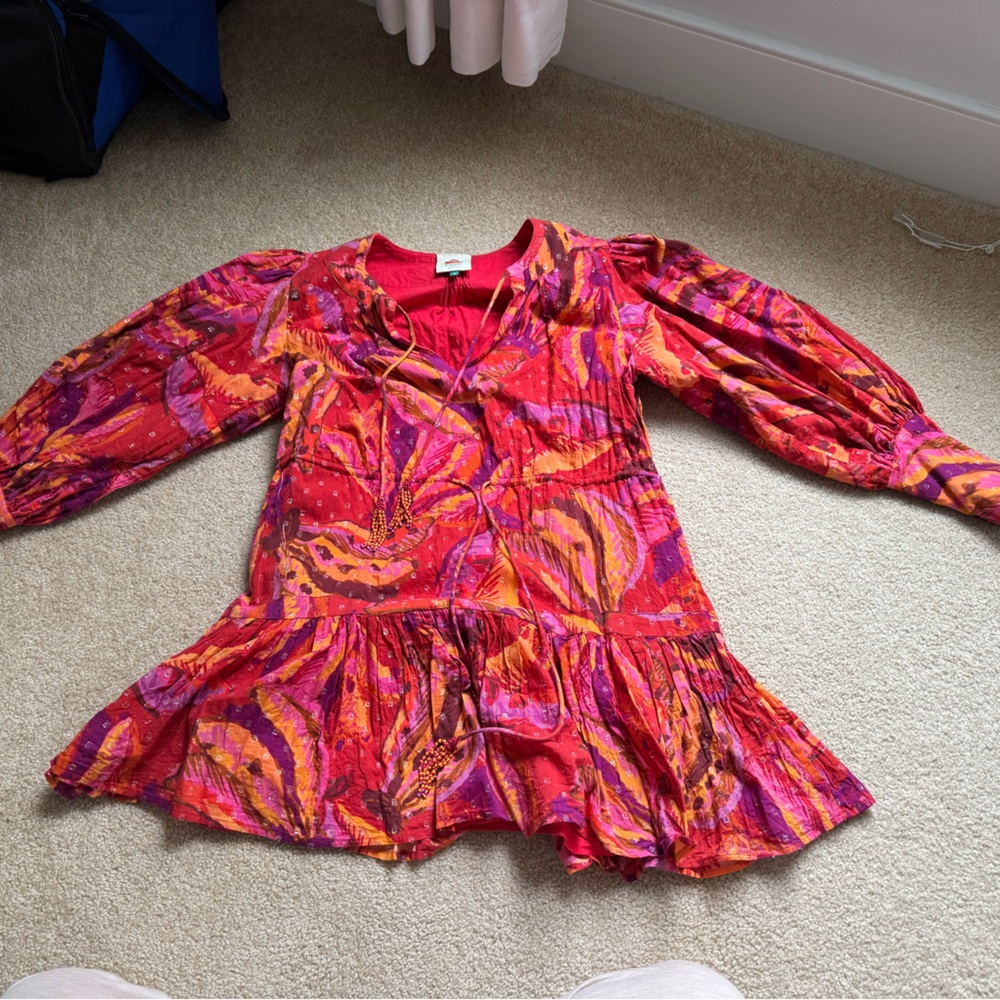 Really pretty Farm Rio Dress with beaded accessories on ties.